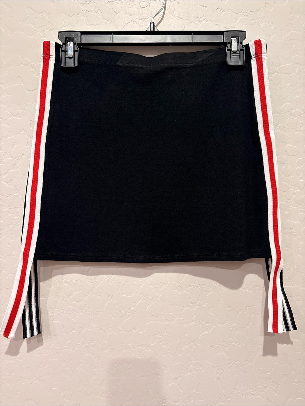 Classic Black Knit Mini Skirt with Red & White, Black & White RibbonSide Stripes
